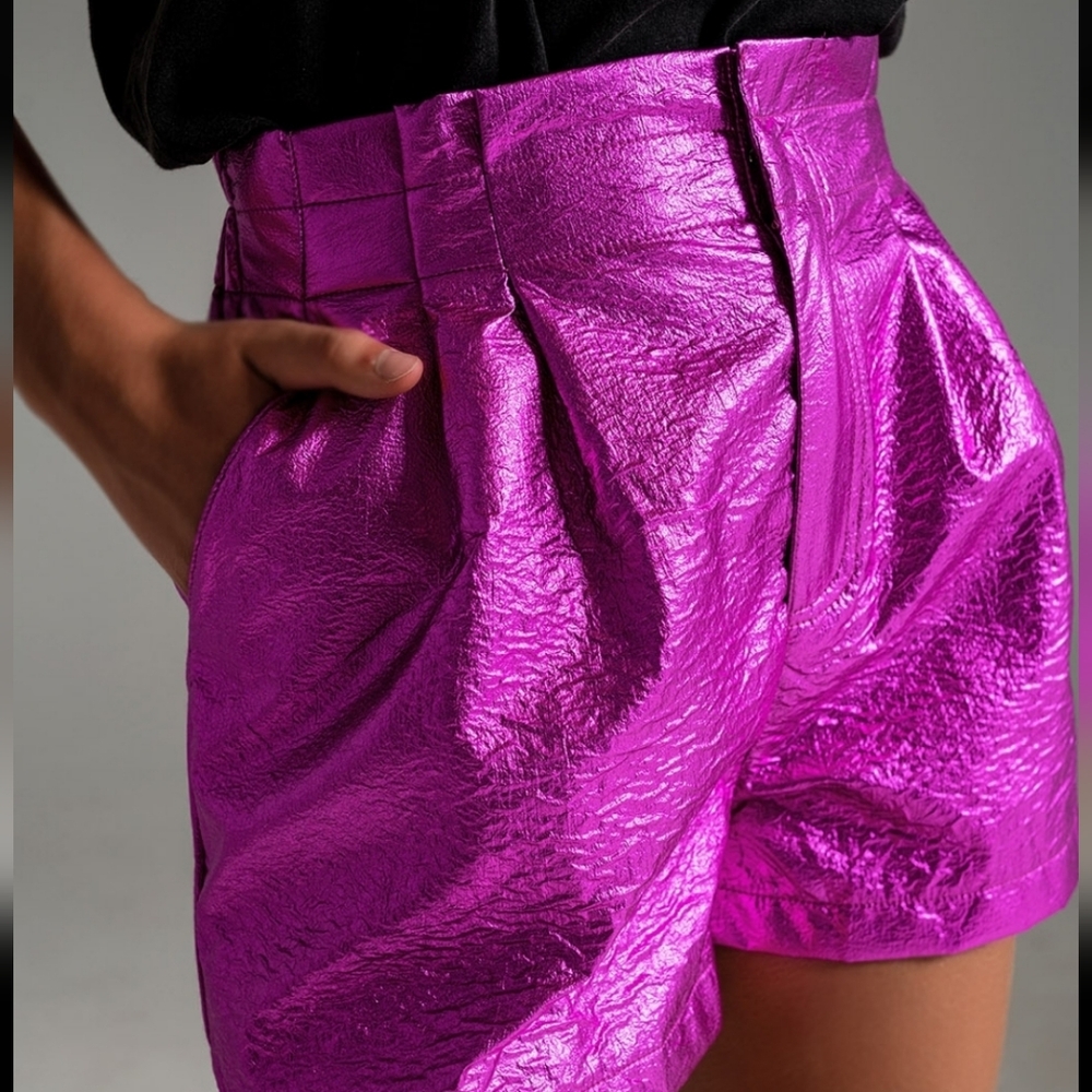 NWT Q2 STASHA HIGH RISE PAPERBAG WAIST METALLIC SHORTS, FUCHSIA, VARIOUS SIZES - Picture 7 of 8
